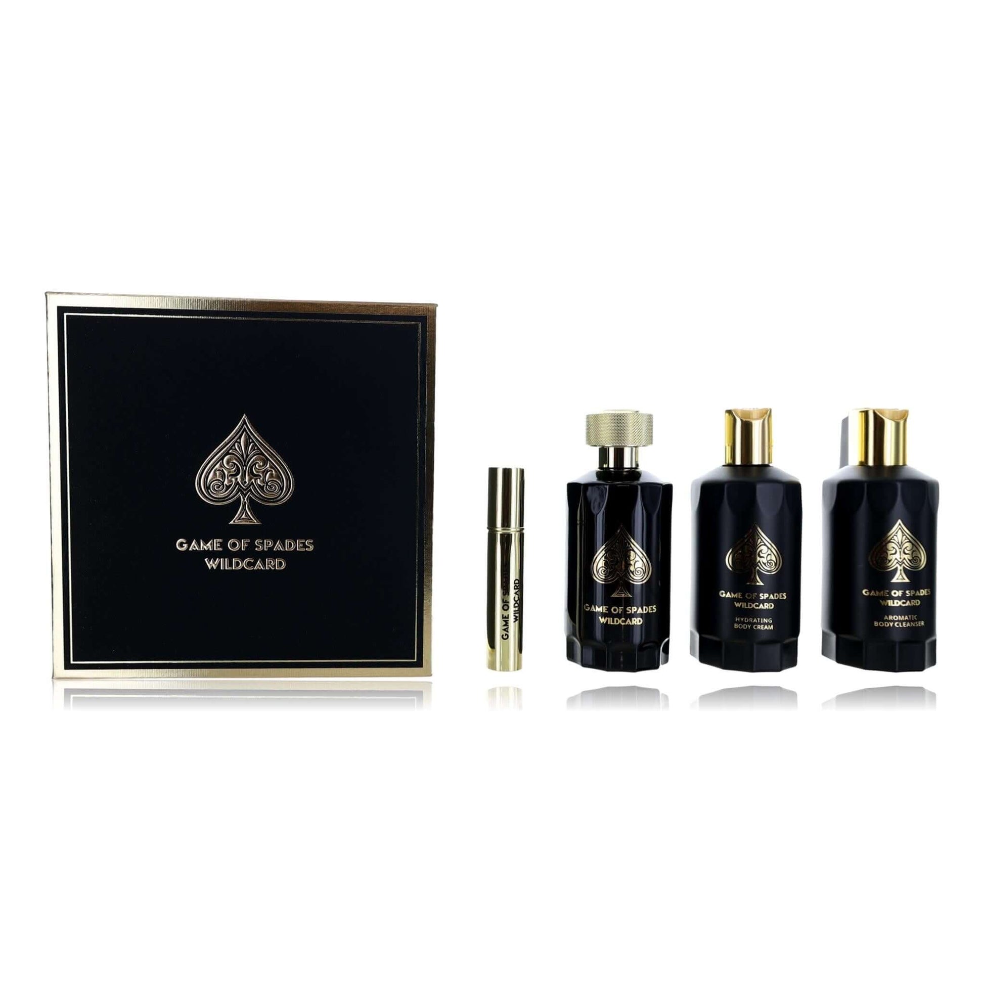 Game of Spades Wildcard gift set: black bottles with gold caps and display box