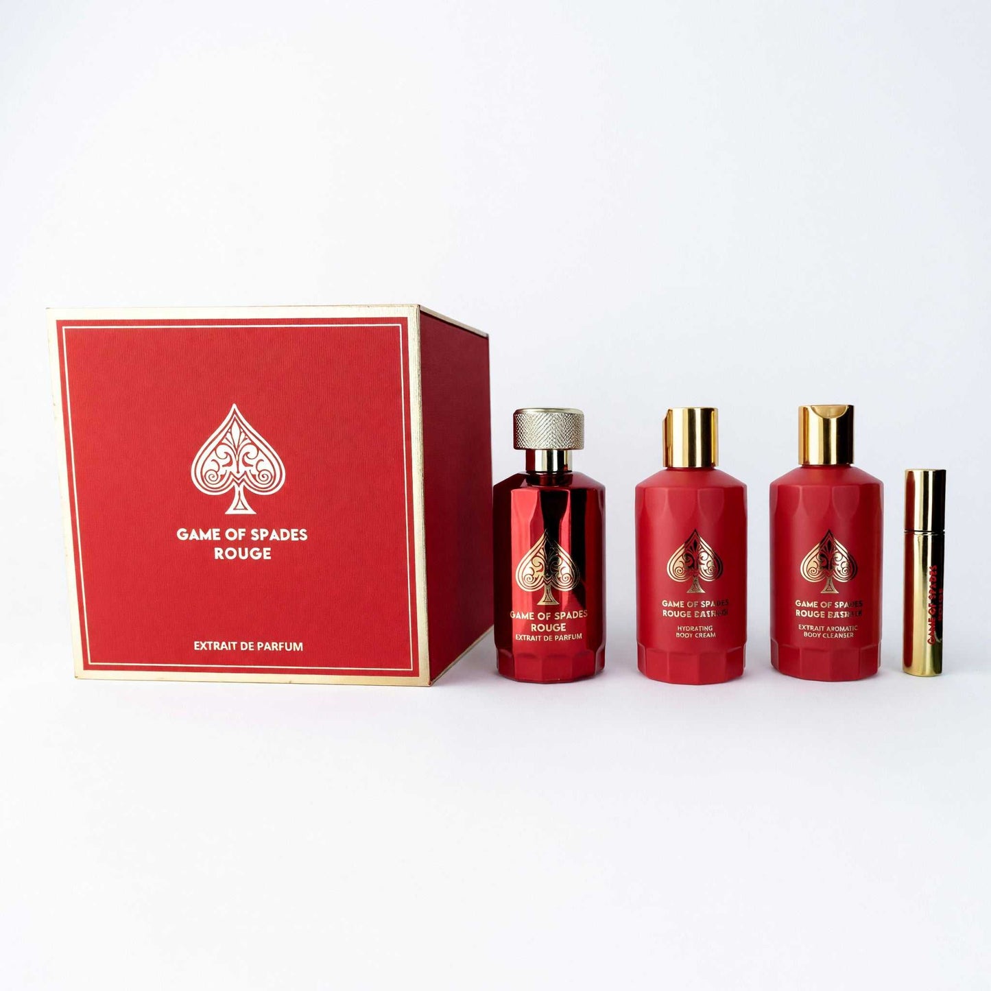 Jo Milano fragrance gift set with red box and four red parfum bottles