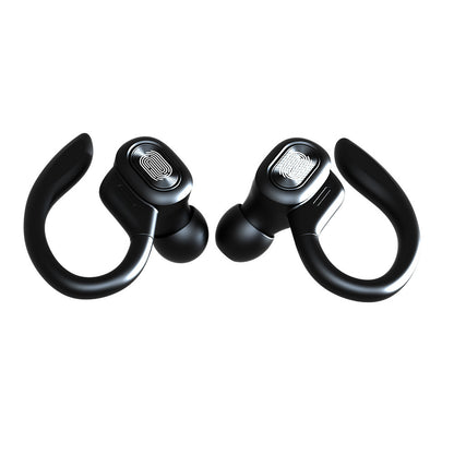 Black wireless earbuds on a white background