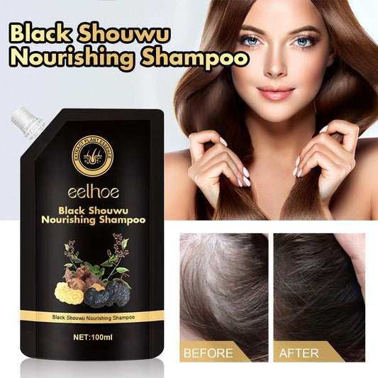 Black Shouwu Nourishing Shampoo packaging with a woman showing off her hair, before and after usage.