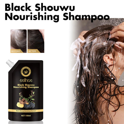 Black Showwu Nourishing Shampoo packaging with a person washing hair, showing before and after results.