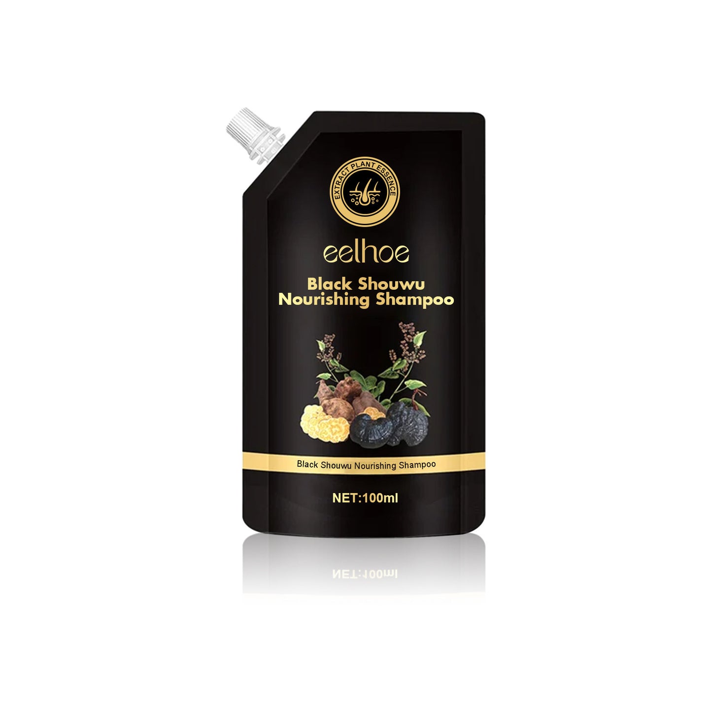 Black shampoo pouch with brand logo and product name on a white background