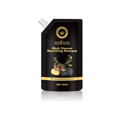 Black shampoo pouch with brand logo and product name on a white background