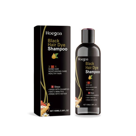 Hoega black hair dye shampoo bottle and packaging on a white background