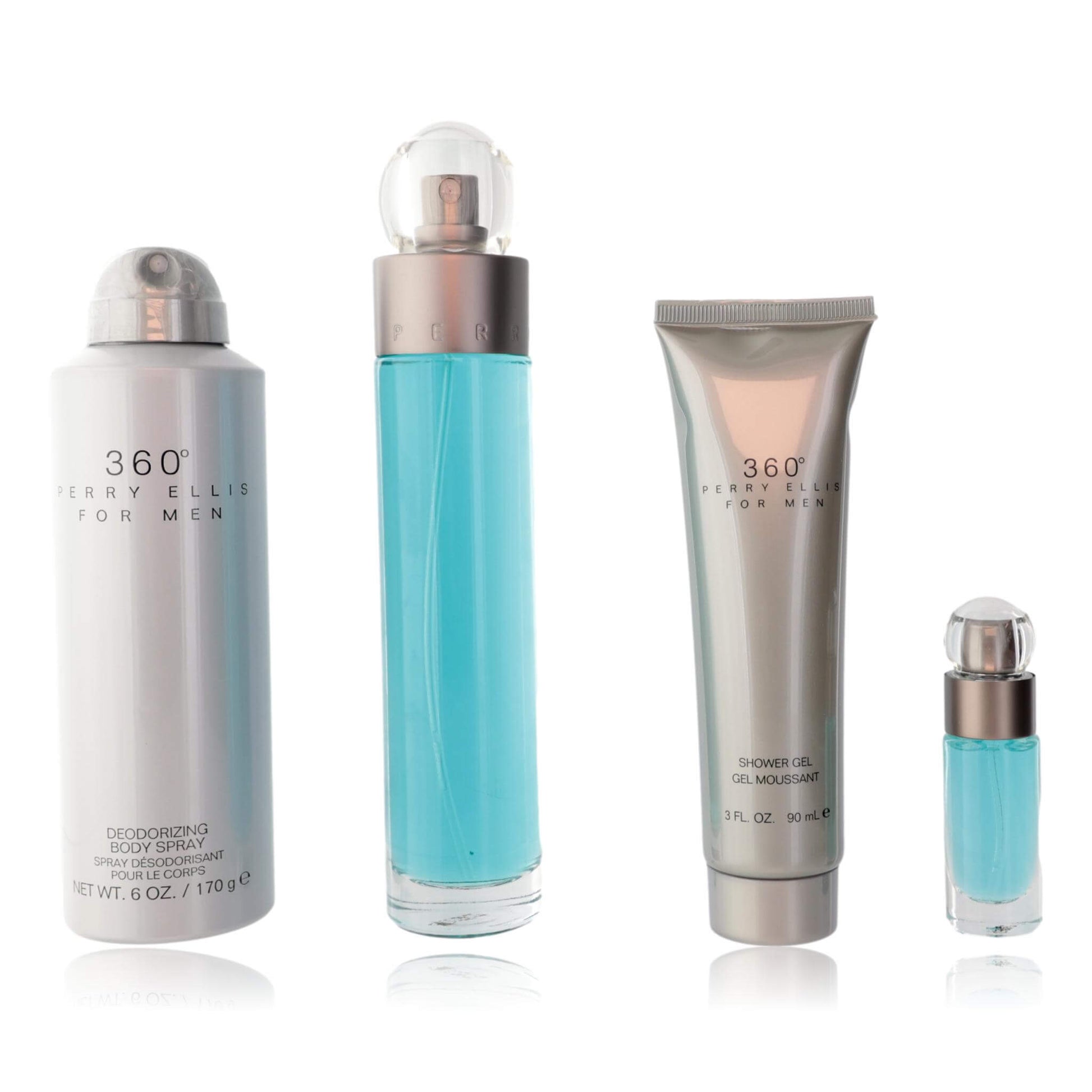 Perry Ellis 360 by Perry Ellis, 4 Piece Gift Set for Men includes deodorizing spray, eau de toilette, shower gel, and EDT spray.