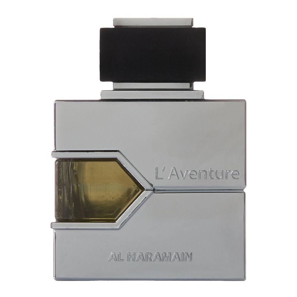 Men's L'Aventure tester eau de parfum bottle, silver with gold label window and spray cap