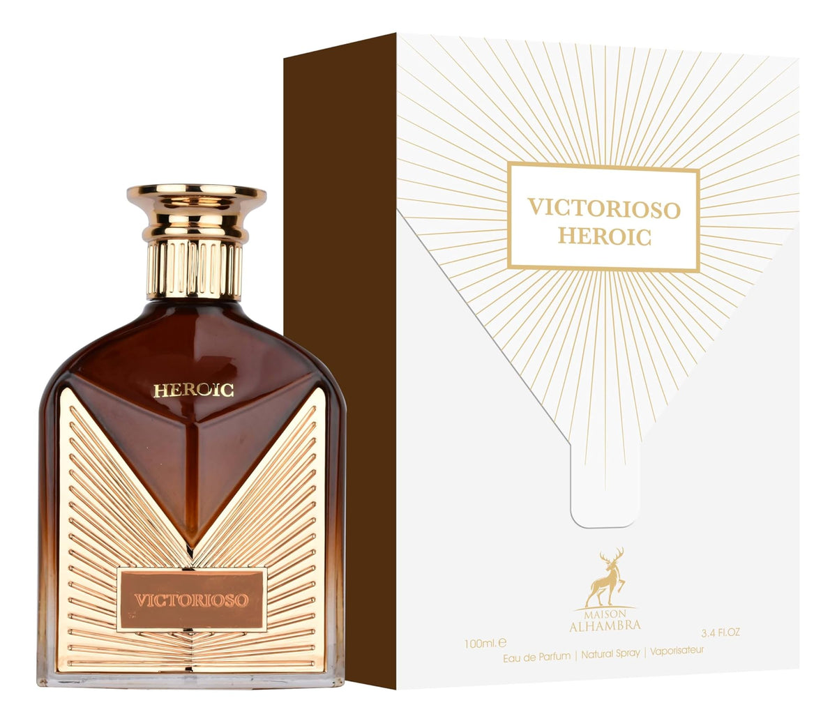 Victorioso Heroic men's eau de parfum spray bottle with gold cap, amber glass