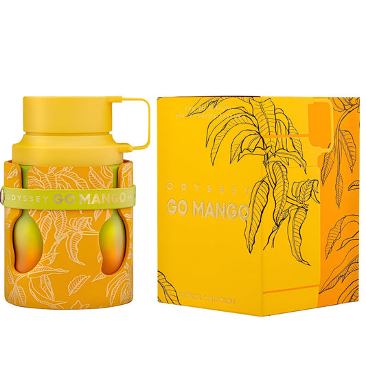 Armaf Odyssey Go Mango 3.4 oz men's eau de parfum spray with travel bottle and box
