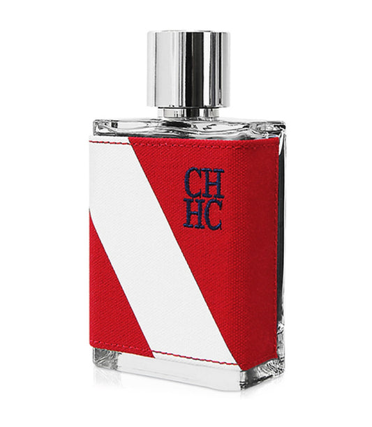 Men's Eau de Toilette tester bottle with clear glass, red/white label, chrome cap
