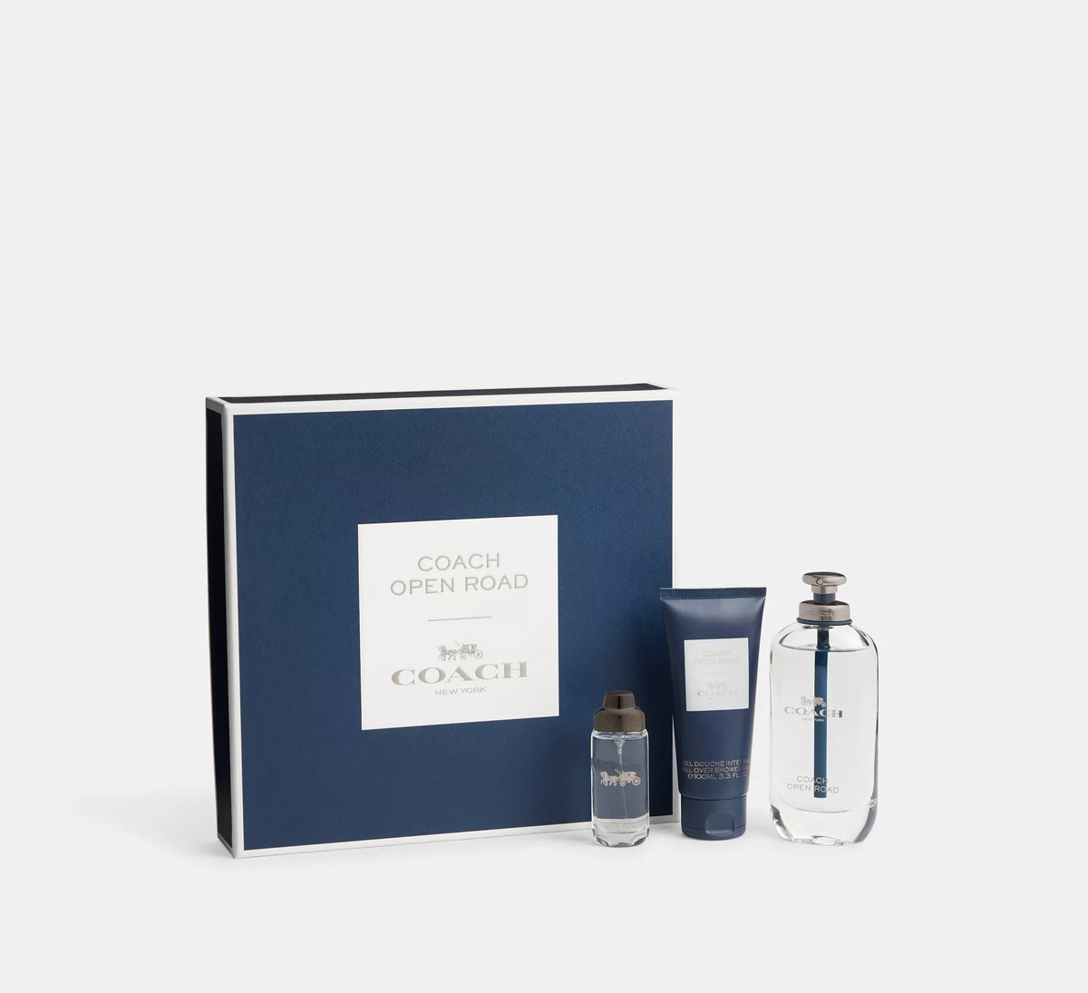 Men's Coach Open Road fragrance gift set with three bottles and gift box