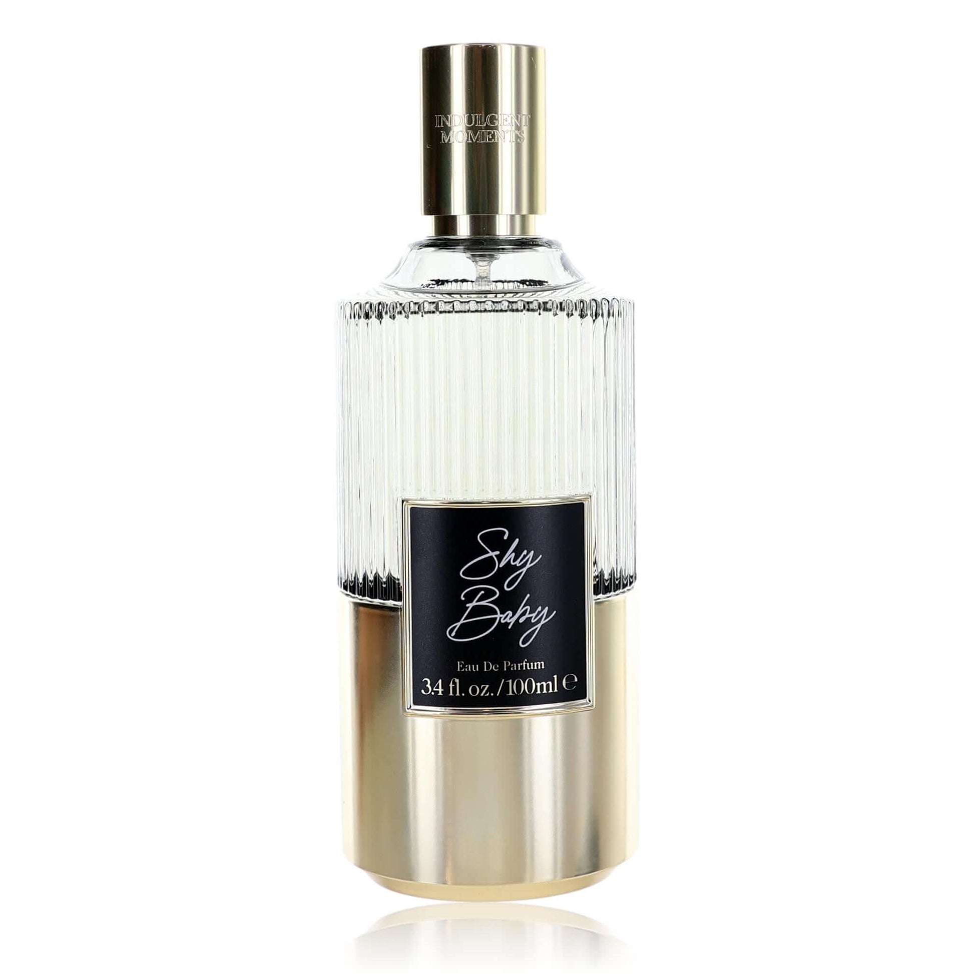 Womens eau de parfum spray bottle, gold cap and ribbed clear glass, 3.4 oz