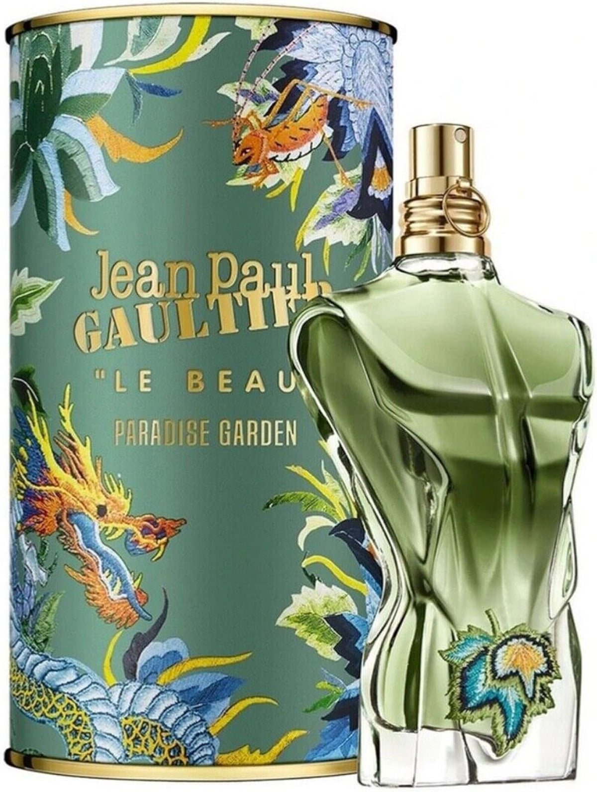 Men's eau de parfum spray with green glass bottle, gold cap, and patterned box.