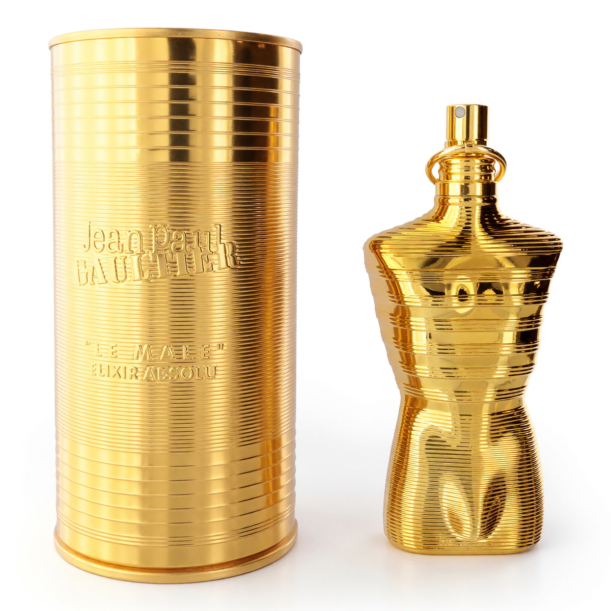 Gold men’s parfum spray bottle with matching cylindrical canister