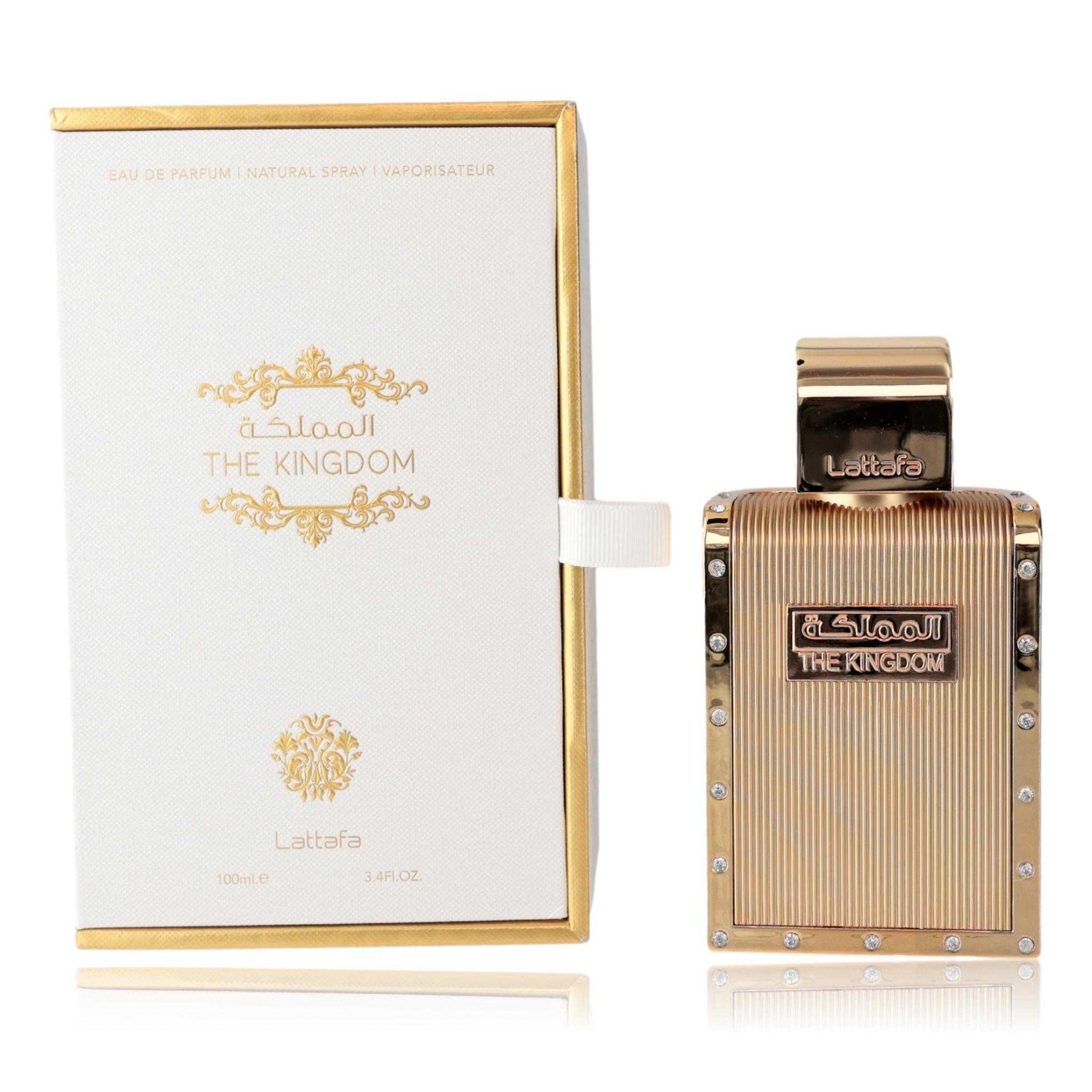 Men's EDP spray in gold ridged bottle with gold cap and The Kingdom box