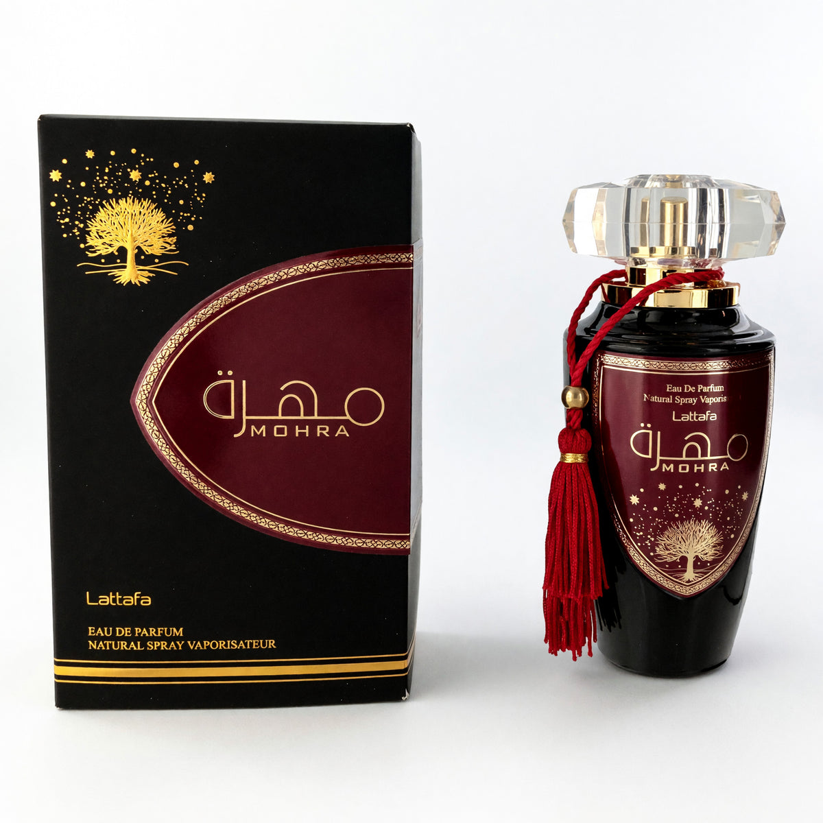 Lattafa Mohra men's eau de parfum box and spray bottle with red label and gold details