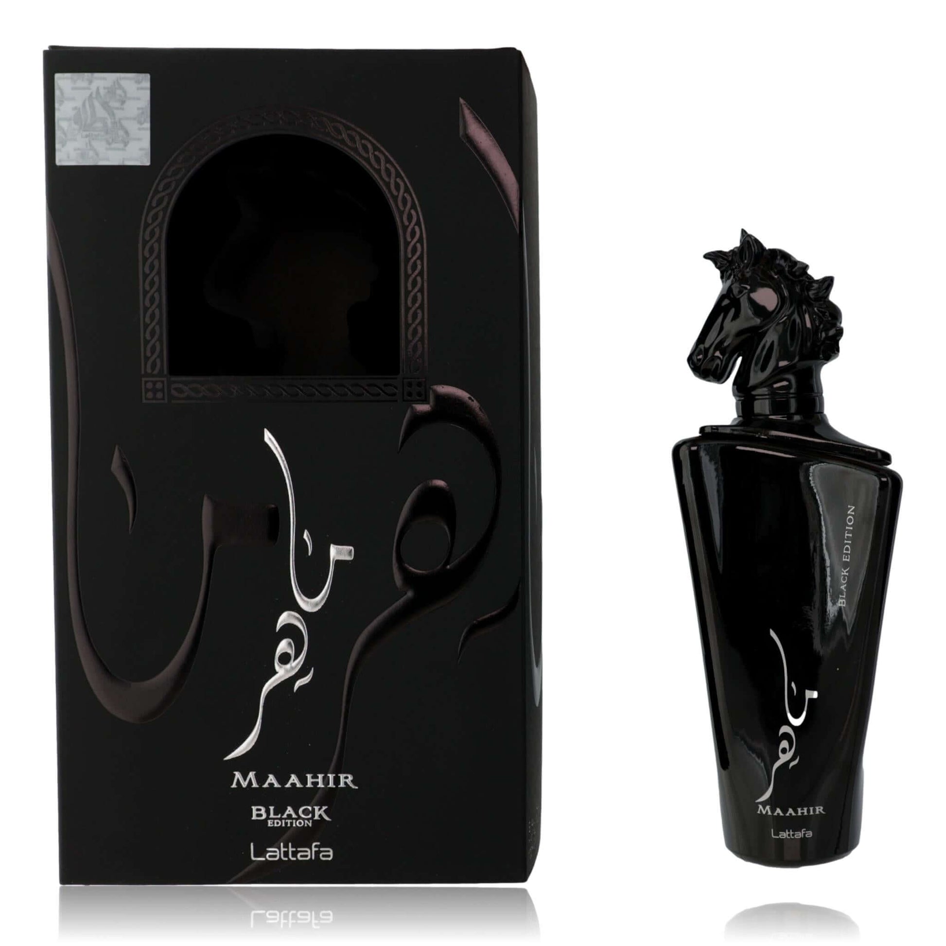 Black perfume bottle and packaging with 'Maahir' branding on a white background