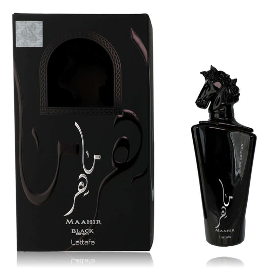 Black perfume bottle and packaging with 'Maahir' branding on a white background