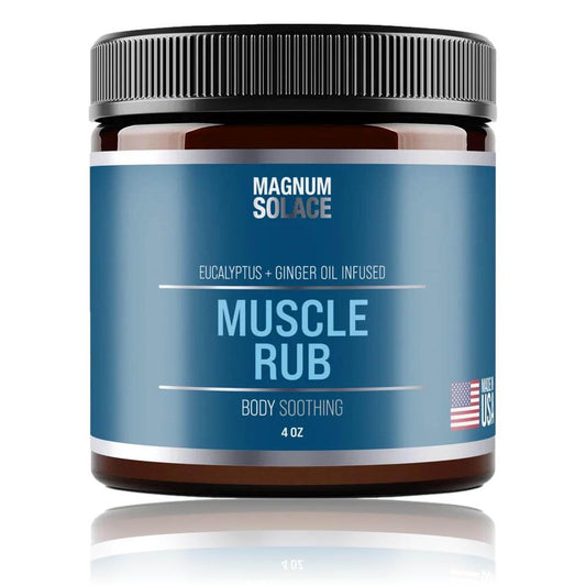 Muscle Rub by Magnum Solace, 4 oz Cream in a jar with eucalyptus and ginger oil for soothing muscles.