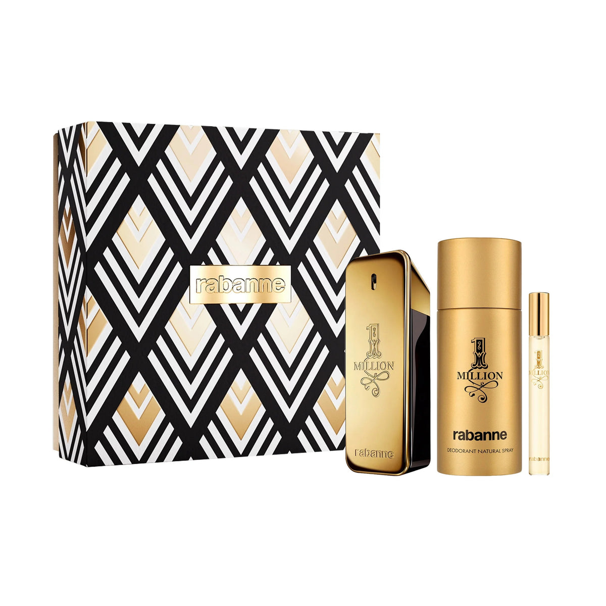 Men's Paco Rabanne One Million 3-piece fragrance gift set with gold bottles and patterned box