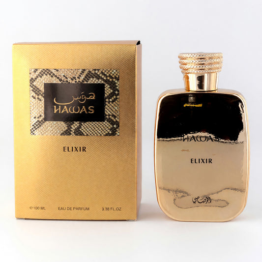 Men's EDP fragrance set with black bottle and gold Elixir label, plus matching box