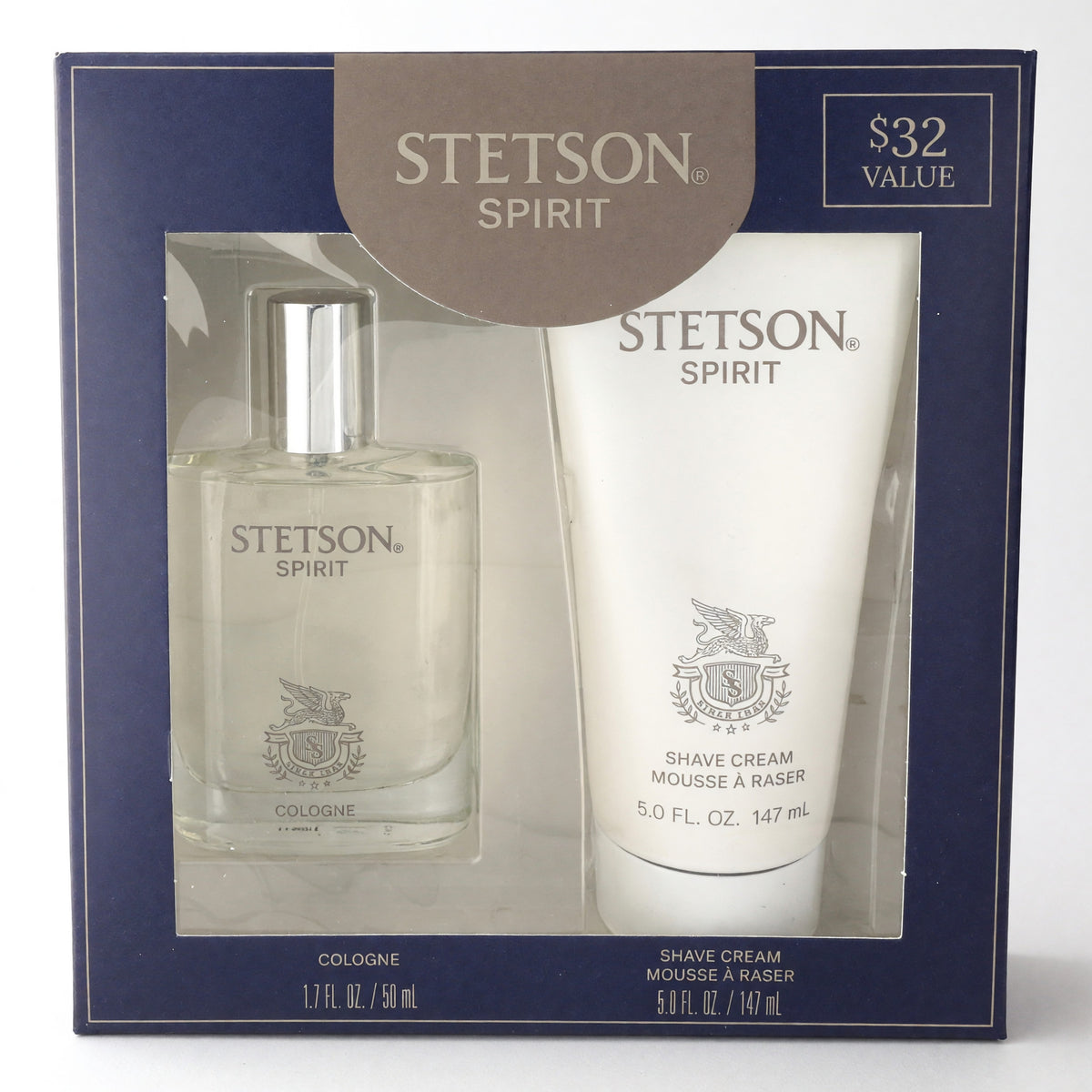 Men's cologne and shave cream set with Stetson Spirit bottles
