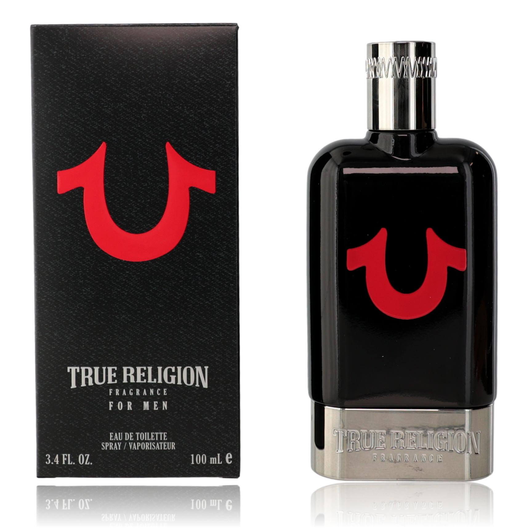Men's eau de toilette spray bottle with red logo, dark glass, silver cap