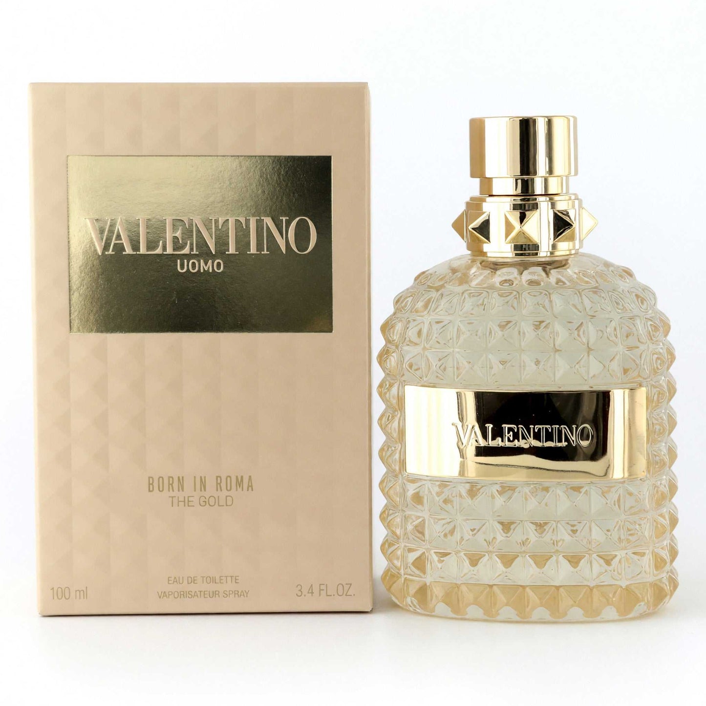 Valentino Uomo Born in Roma The Gold men's EDT spray bottle with gold cap and box