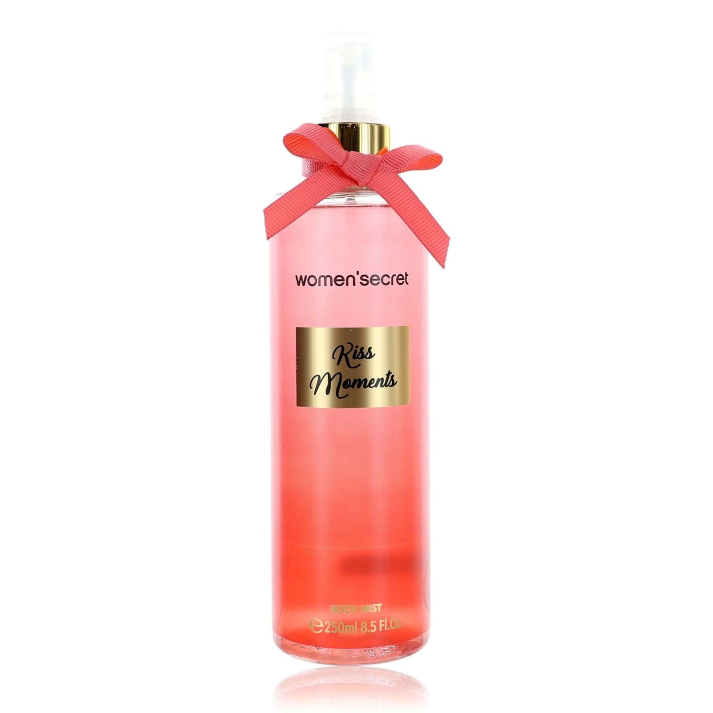Body mist bottle by Women'Secret, pink glass with gold cap and pink bow