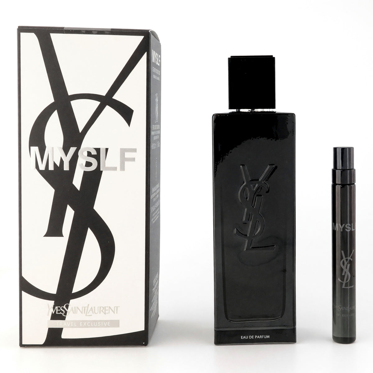 Men's YSL MYSLF 2-piece fragrance set: box, bottle, travel spray
