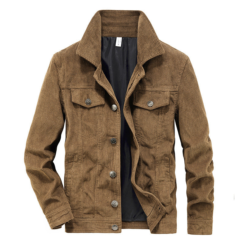 Khaki tan thin corduroy work jacket with chest flap pockets and button cuffs