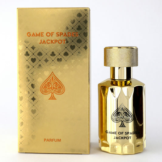 Gold parfum spray bottle with textured cap and matching gold product box