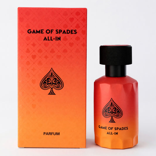 Jo Milano Game of Spades All-In parfum spray bottle with black cap, red-orange box