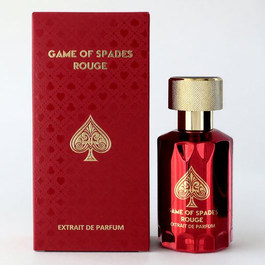 Red parfum spray bottle with gold cap and matching retail box