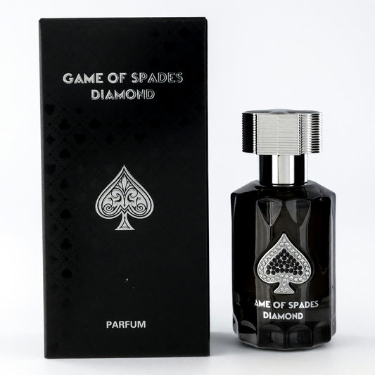 Men's parfum spray in black glass bottle with ribbed silver cap, in black box