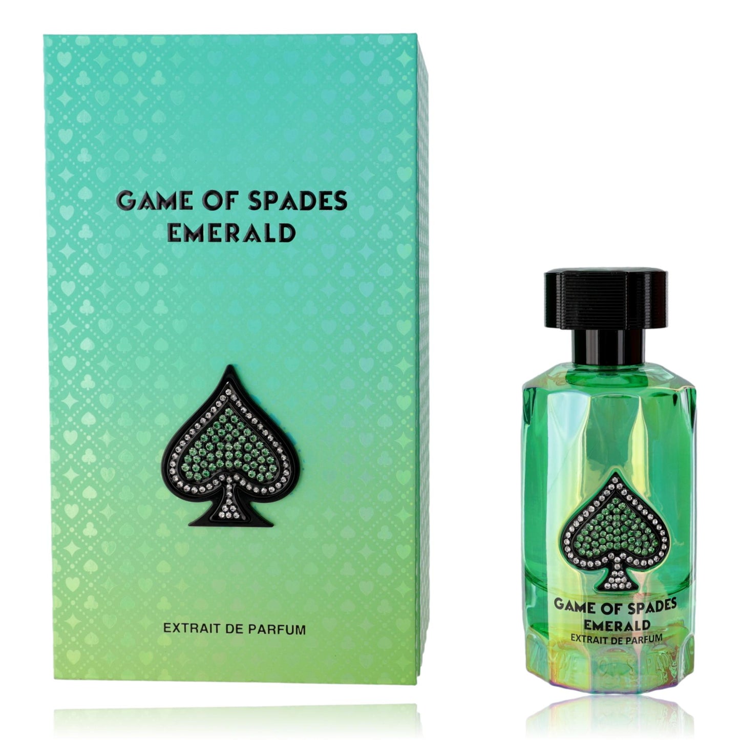 Jo Milano emerald extrait de parfum bottle and box, green glass with black cap