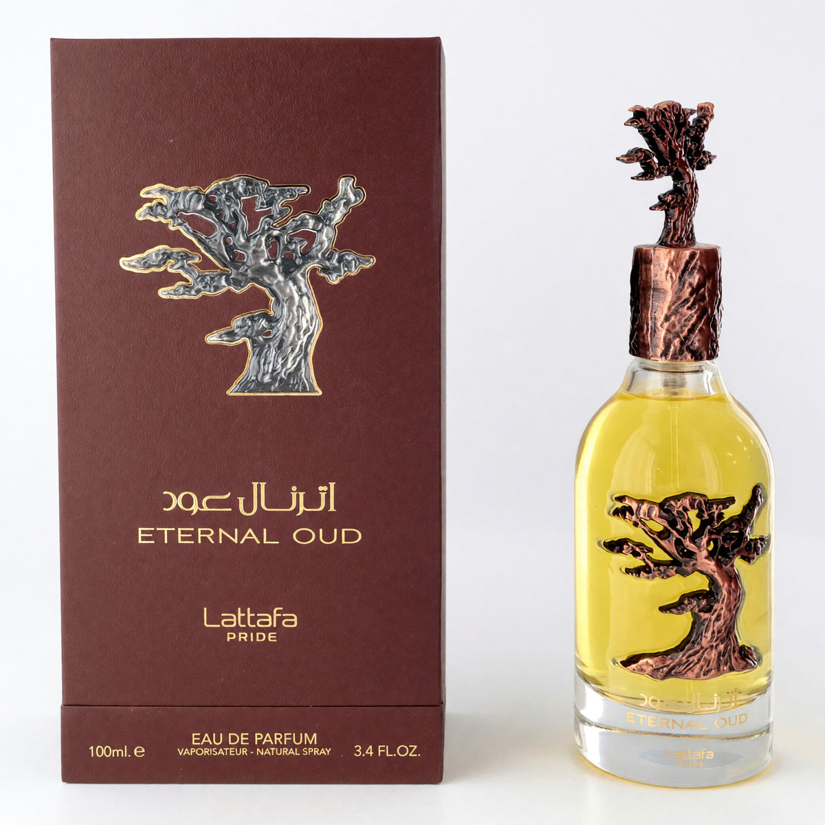 Unisex amber oud perfume bottle with black cap and maroon Eternal Oud box