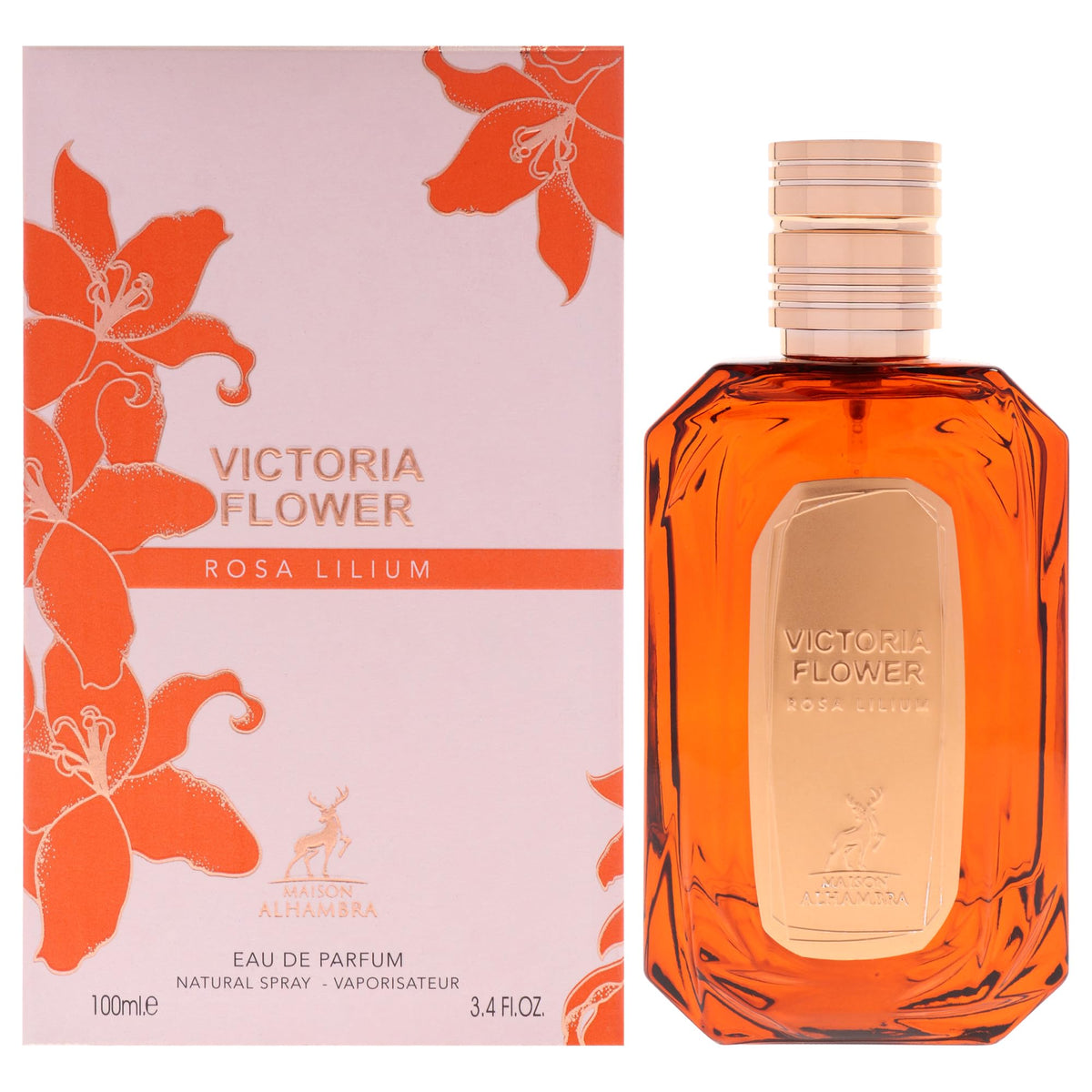 Amber Eau de Parfum spray bottle with rose-gold cap and Victoria Flower label