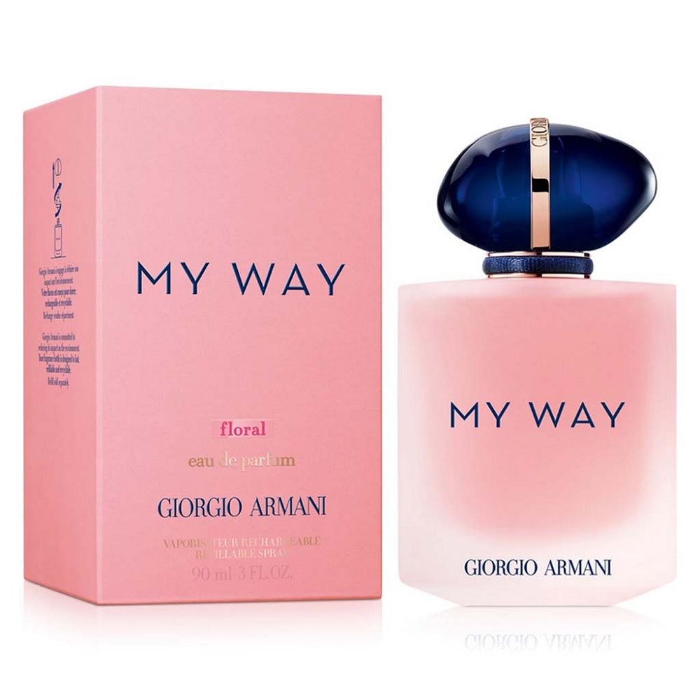 Women's floral eau de parfum spray with pink box and dark blue glass bottle by Giorgio Armani