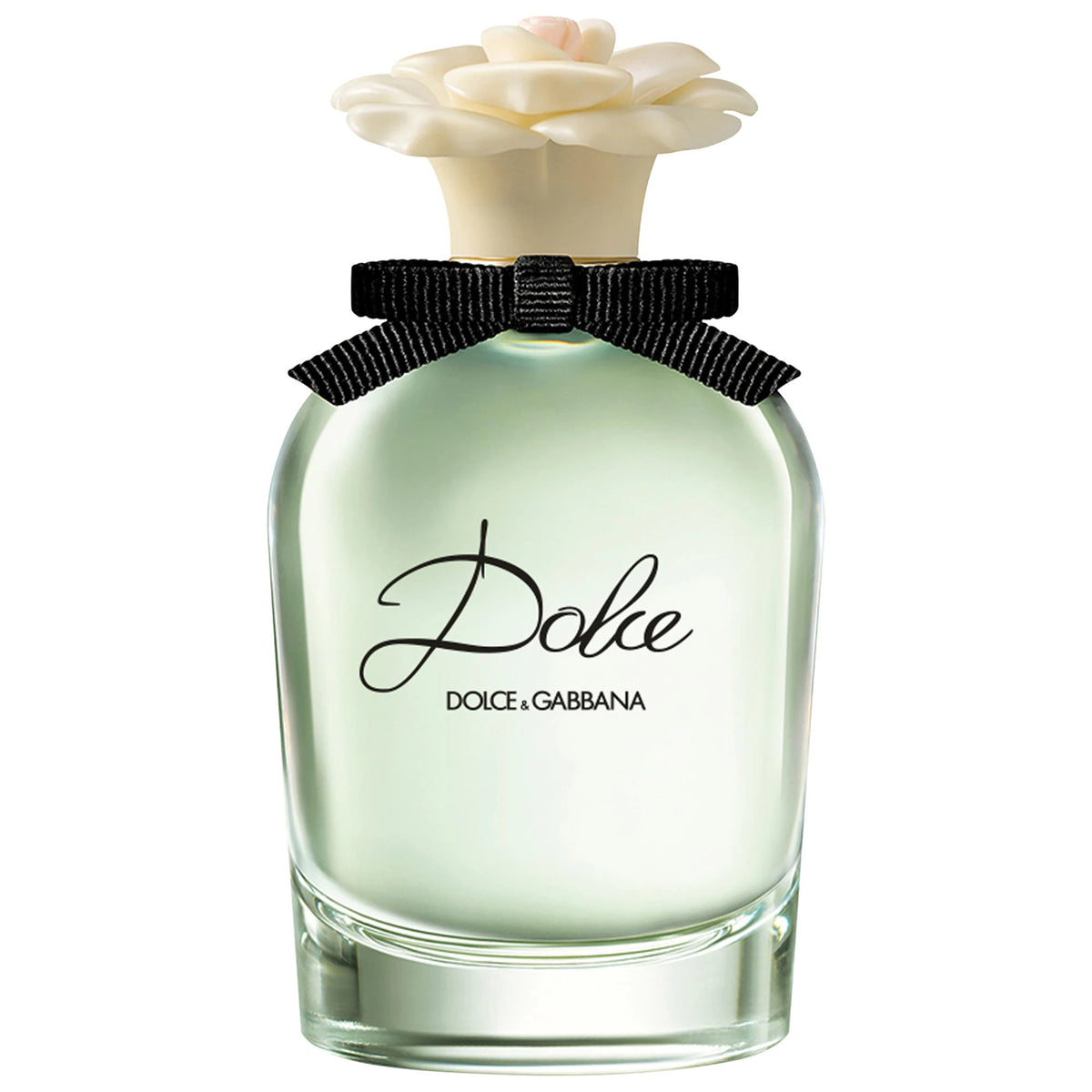 Women's eau de parfum tester bottle, pale green liquid, black ribbon bow, flower cap