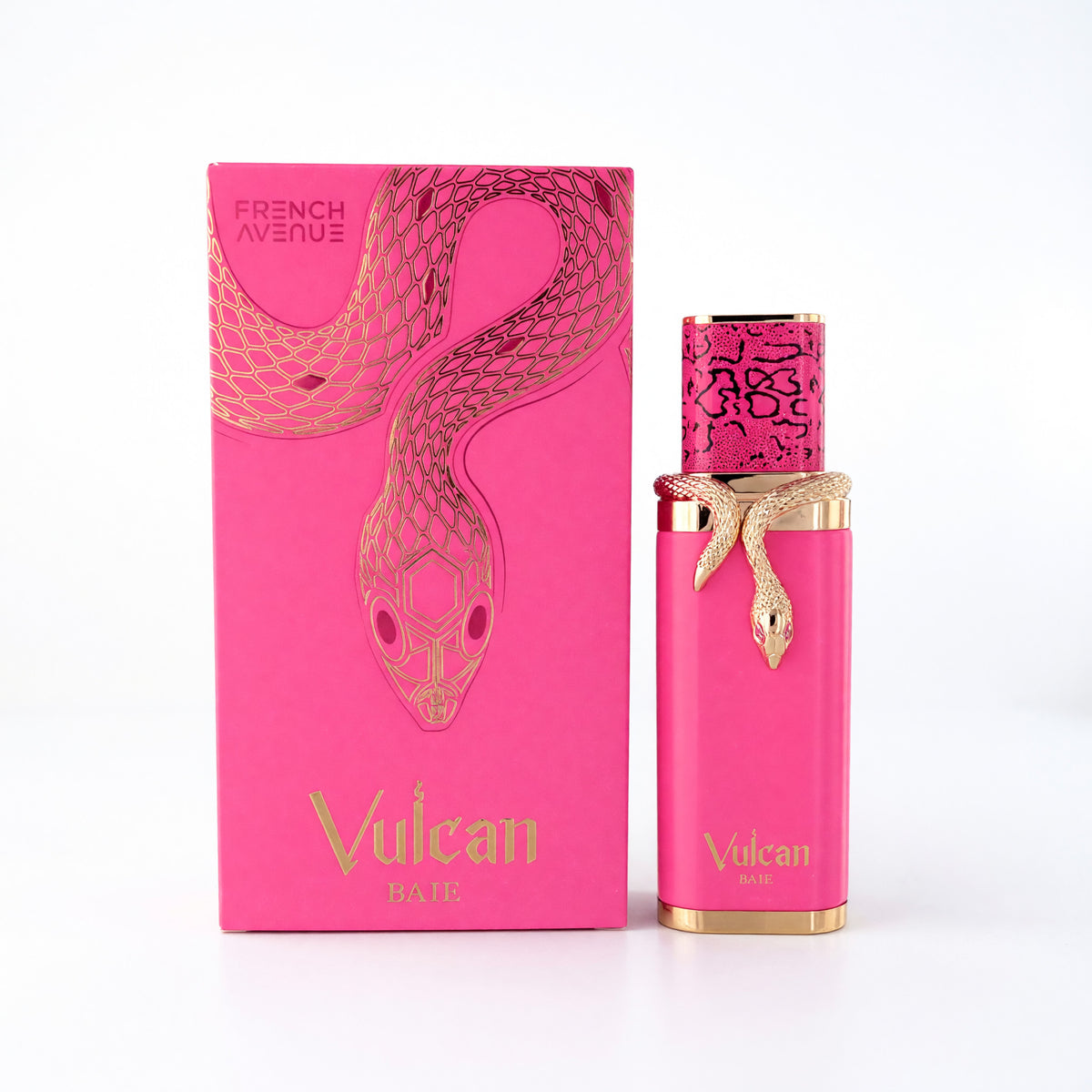 Pink women's fragrance extrait de parfum spray bottle with gold cap and matching box