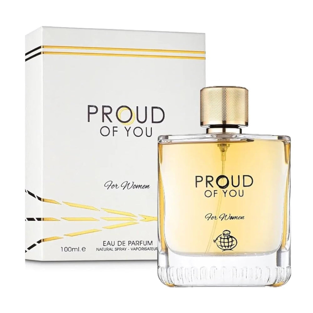 Women’s eau de parfum spray with glass bottle and gold cap, box included