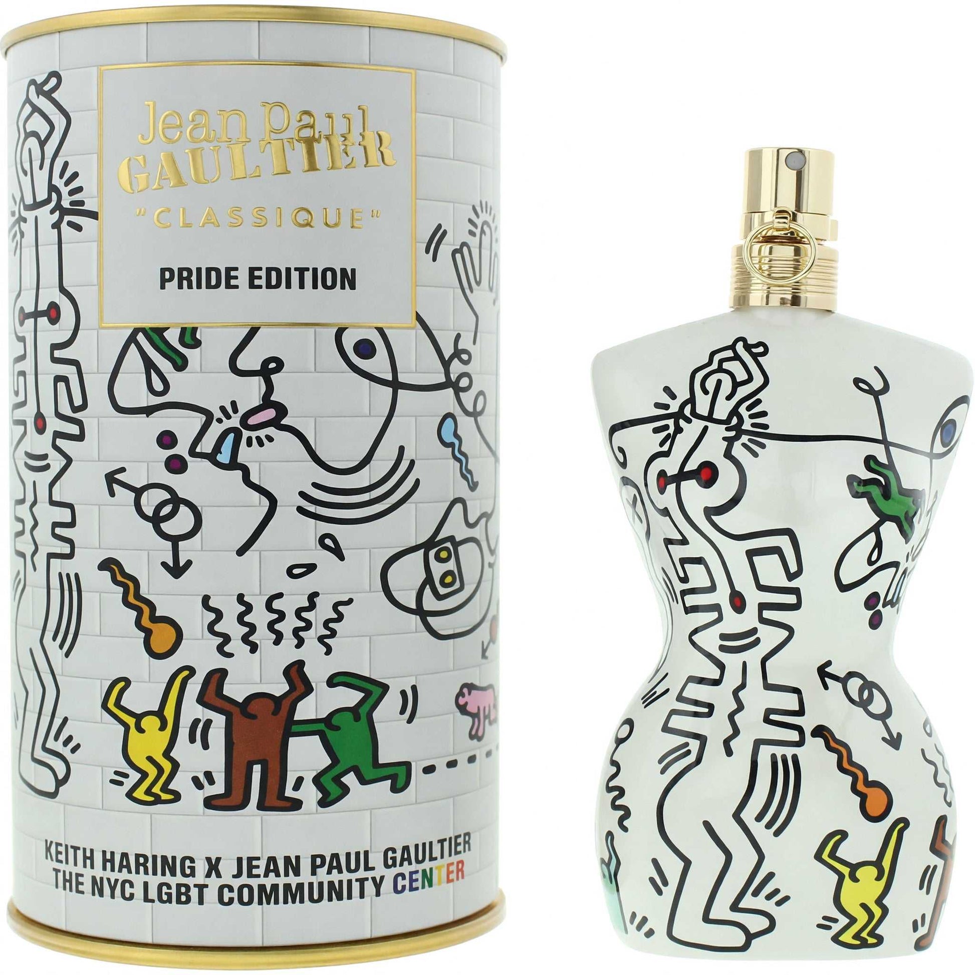 Pride Edition women's eau de toilette spray bottle and matching can, white with colorful icons