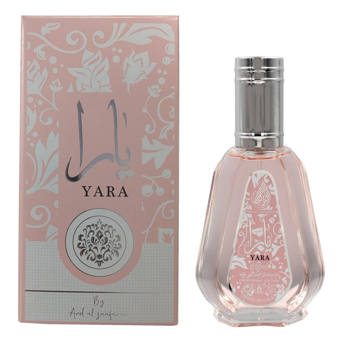 Lattafa Yara women's eau de parfum spray bottle with pink perfume in glass
