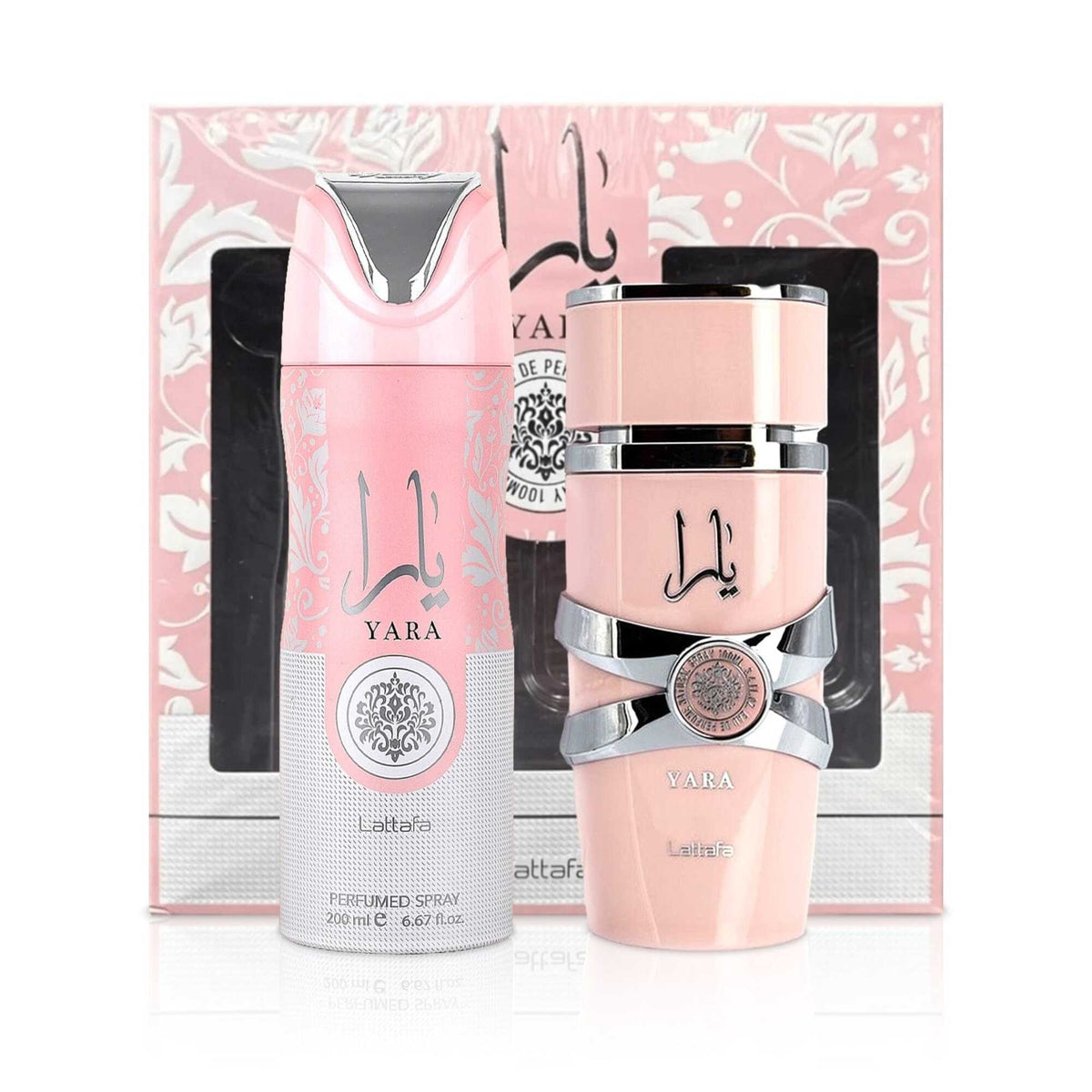 Lattafa Yara 2-piece women's fragrance gift set with pink perfume spray bottles