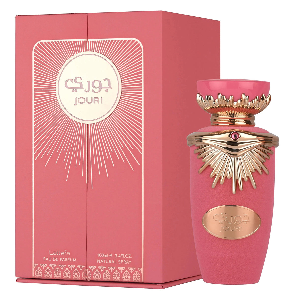 Jouri by Lattafa women's eau de parfum spray, pink bottle with gold cap, in box