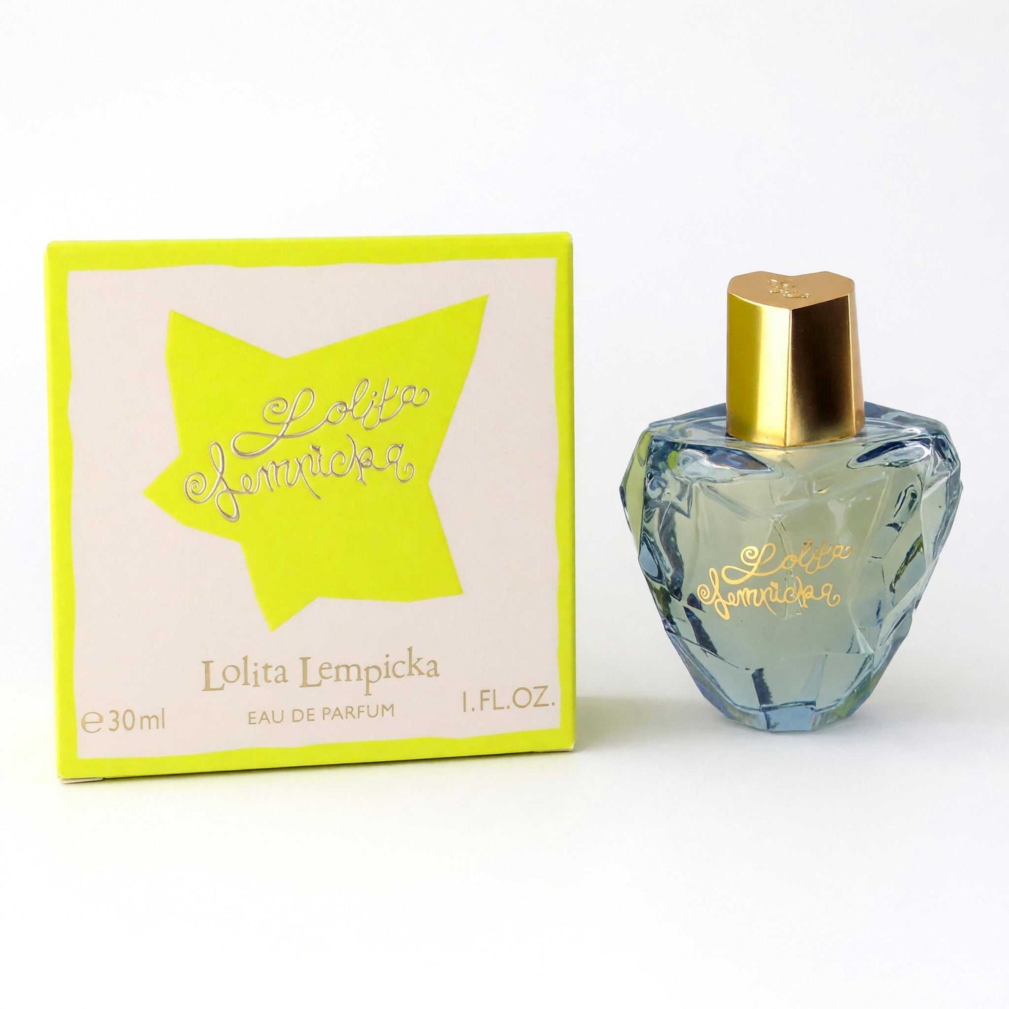 Women's Eau de Parfum spray: blue glass bottle with gold cap and bright yellow box.