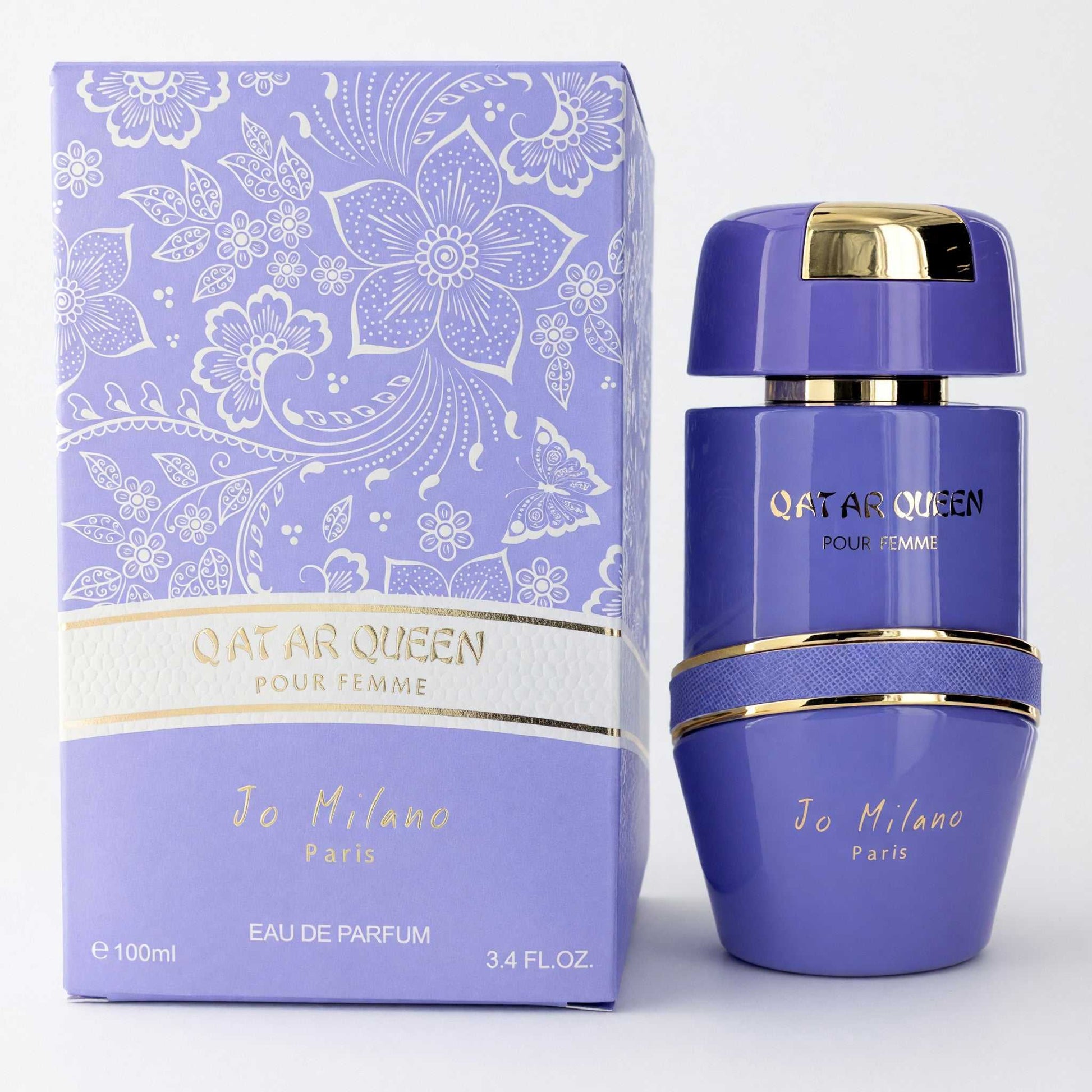 Women's Jo Milano Qatar Queen eau de parfum, purple bottle with gold cap and floral print box