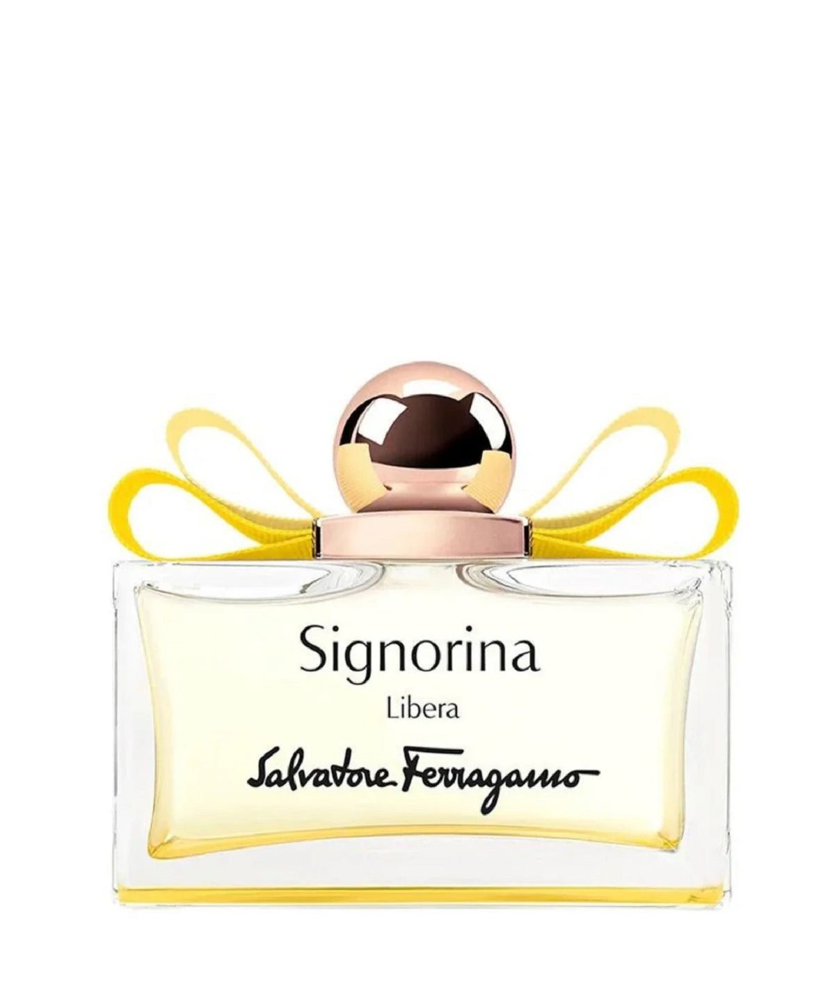 Signorina Libera perfume tester bottle with rose-gold cap and gold liquid in rectangular glass