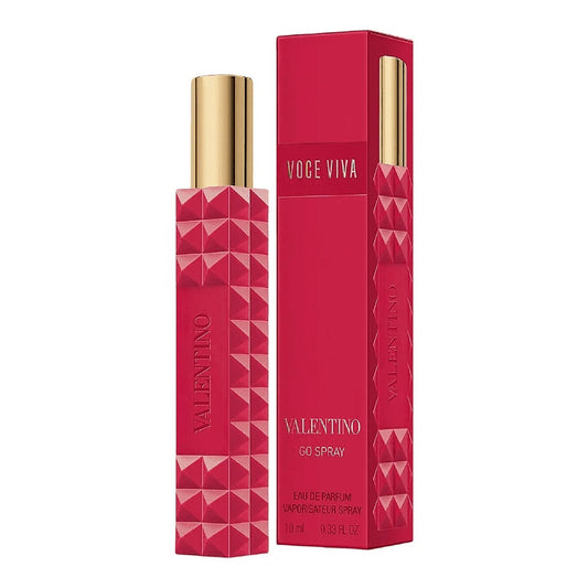 Women’s eau de parfum spray bottle, tall pink-red with gold cap and matching vial
