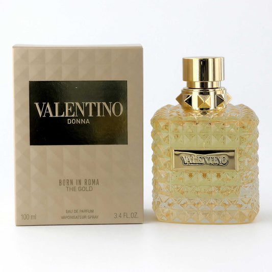 Valentino Donna Born in Roma The Gold EDP spray bottle with gold cap and patterned glass